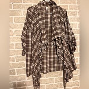 Entro Brown Plaid Fringe Open Cardigan Size Medium Boho